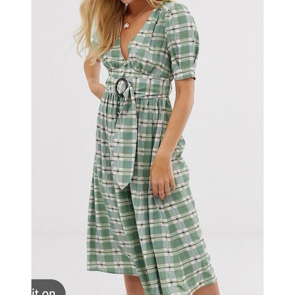 Moon River green plaid belted puff sleeve midi dress M